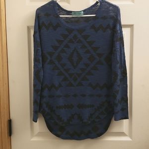 Filly Flair Aztec Print Long Sleeve T-Shirt, Blue and Black Color, Size Small.